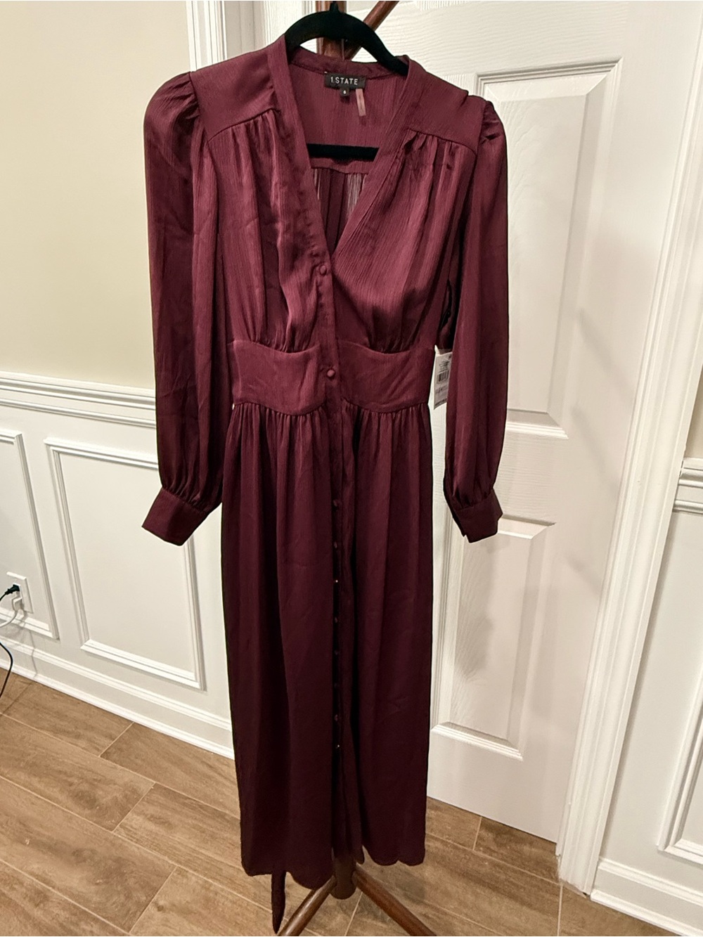 1. State Wine Button-Front Long Sleeve Maxi Dress